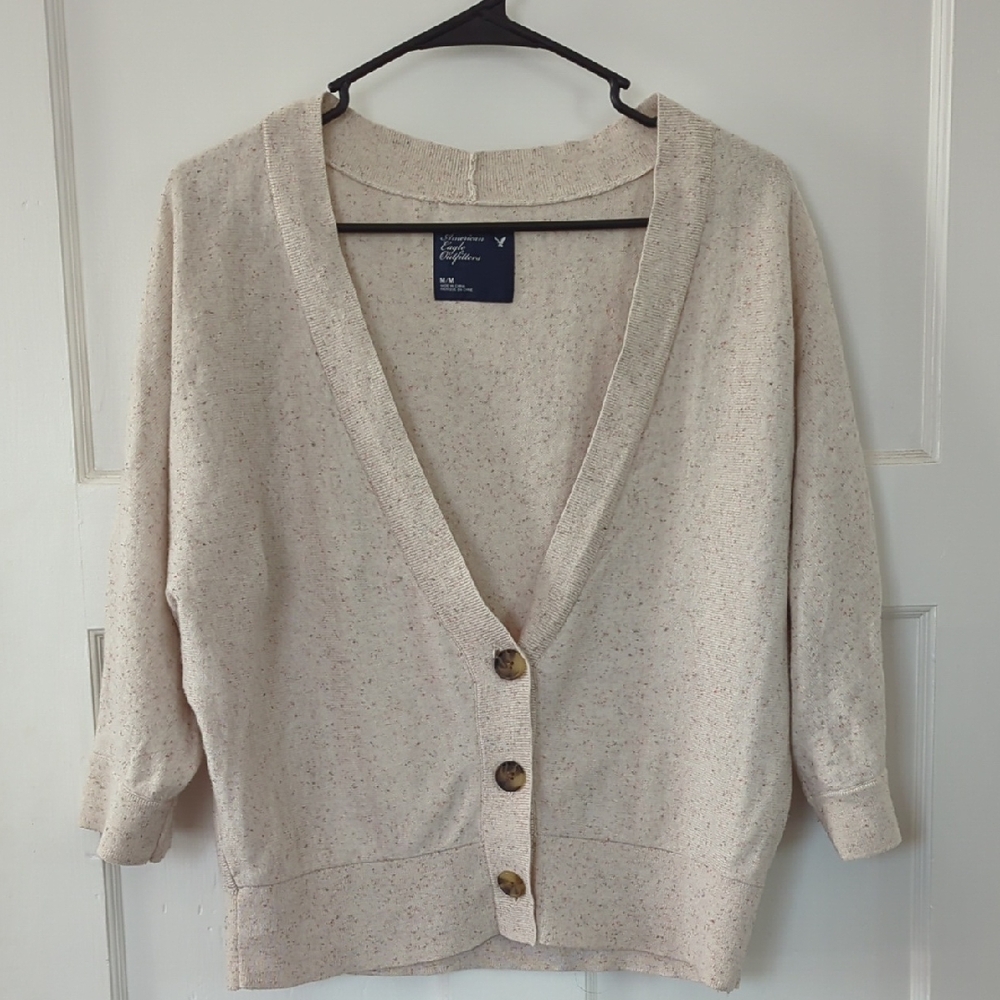 American Eagle Outfitters Cream Speckled V-Neck Button Cardigan